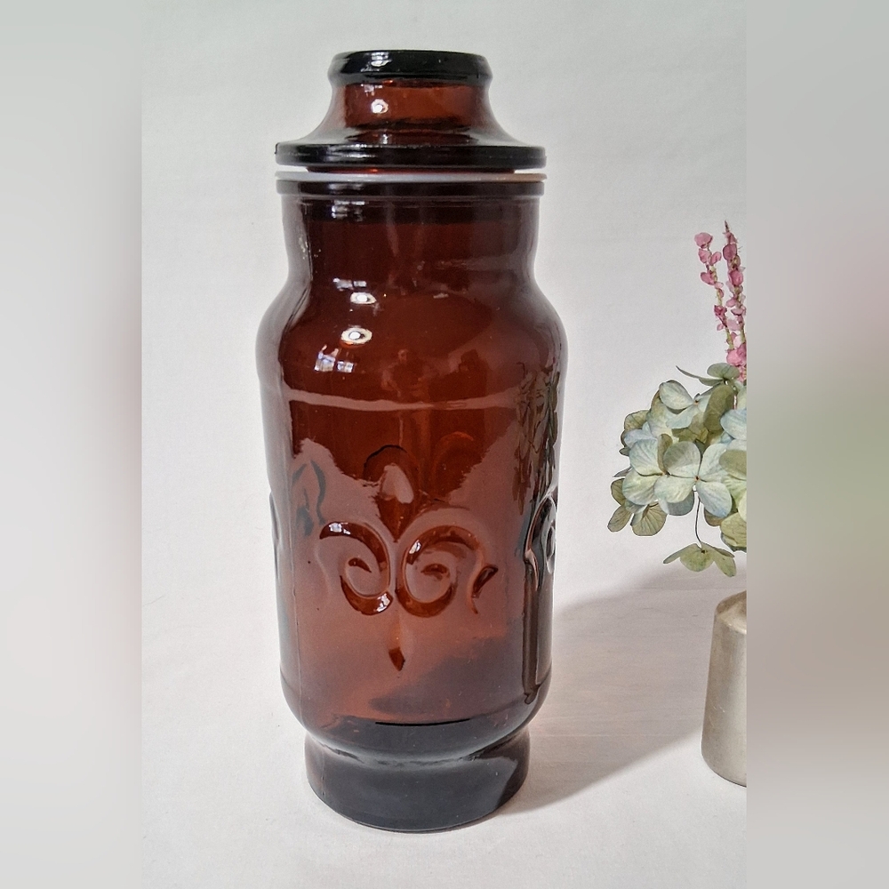 1970s Amber Glass Canister - Borden Cremora w/ Fleur De Lis - Apothocary Jar
